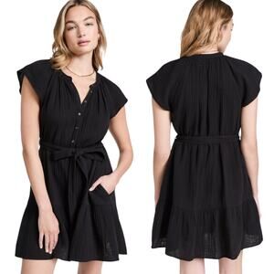 XiRENA Jude Black Gauze Cotton Belted Button Front Mini Dress